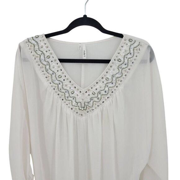 Retro White Blouse Sz M Silver Beaded Sheer Batwing Peasant Glam Pullover - Picture 8 of 9